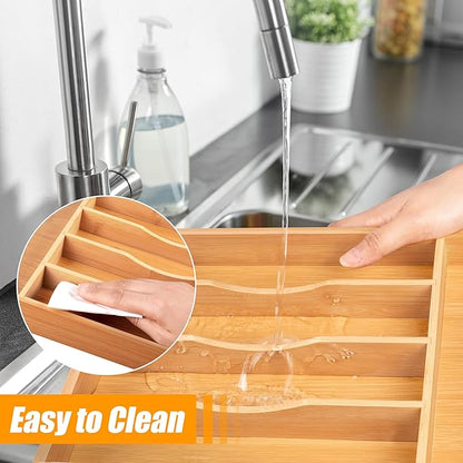 Bellsal Bamboo Silverware Drawer Organizer, Kitchen Utensil Drawer Organizers, 12"x15.7" Utensils Holder Cutlery Tray with Grooved Drawer Dividers for Kitchen Flatware Bedroom Office(7 Slot, Natural) - Image 6