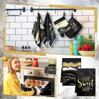 Bencailor 6 Pcs Marble Kitchen Decor Gold Pot Holders Oven Mitts 2 Dish Towels 2 Farmhouse Cooking Mittens Oven Glove and Potholder for Baking Cooking Grilling Supply Accessories(Black)