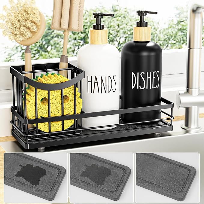 Moforoco Kitchen Dish Soap Dispenser Set, 16OZ Glass Bottle, Hand and Dish Soap Dispenser Set, Instant Dry Tray, Brush Holder with Smiley Face Sponge Holder (Universal Black Tray+Black&White Bottle) by MOFOROCO