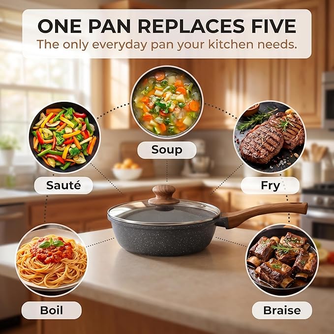 YASHE 11 Inch Nonstick Saute Pan with Glass Lid, 4.5 QT Large Deep Skillet & Frying Pan, Healthy Granite Stone Cookware for Family, One Pan Replaces Five, Induction Compatible, PFOA Free