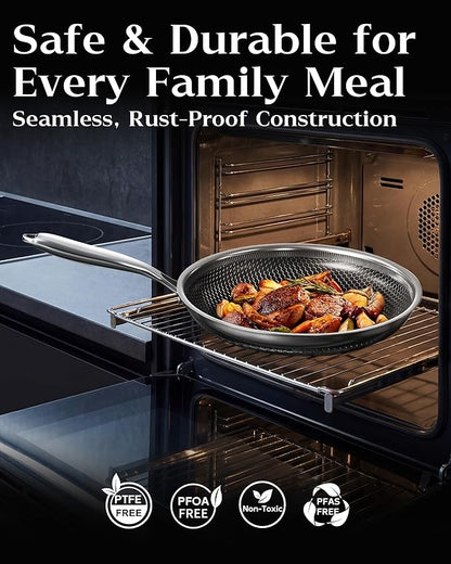 Honeycomb Stainless Steel Nonstick Frying Pan, Induction Cooktop Compatible Skillet, PFOA-Free Scratch-Proof, Dishwasher & Oven Safe, Stay-Cool Handle, Silver Kitchen Cookware - Image 3
