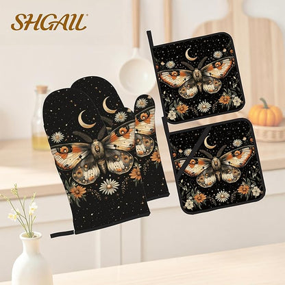 Oven Mitts and Hot Pads Set - Boho Moth Design, Heat Resistant Cute Pot Holders for Kitchen, Baking Gifts for Women