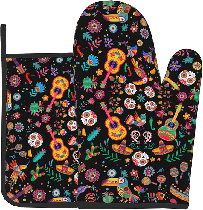 Mexican Oven Mitt Potholders Sets - Mexico Kitchen Mitts and Pot Holders Set of 2 Floral Skull Oven Gloves Hot Pads for Cooking Baking Grilling by DZGlobal