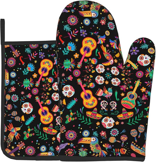 Mexican Oven Mitt Potholders Sets - Mexico Kitchen Mitts and Pot Holders Set of 2 Floral Skull Oven Gloves Hot Pads for Cooking Baking Grilling by DZGlobal
