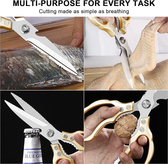 CGBE Kitchen Scissors All Purpose Heavy Duty, Ultra Sharp Stainless Steel Kitchen Shears Dishwasher Safe, Cooking Shears for Chicken, Poultry, Fish, Meat, Herbs & Grapes with Non-Slip Grips - Gold - Image 5