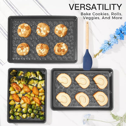 HONGBAKE Nonstick Baking Sheet Pan Set of 3, Cookie Sheets for Oven, Non-Toxic Half/Quarter/Jelly Roll Pans with Floral Swirl Texture, Heavy Duty 0.8mm Thick Oven Trays for Cooking, Dark Gray - Image 4