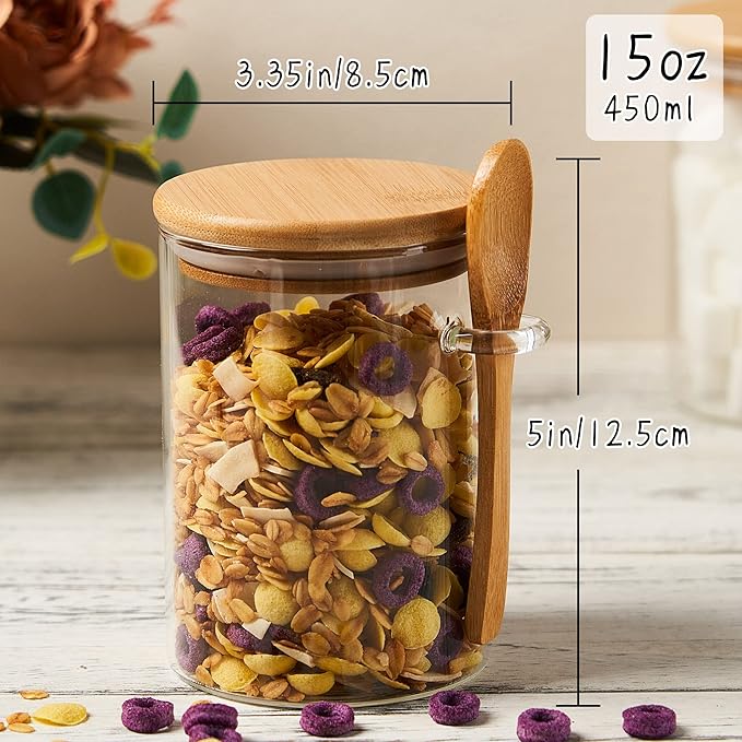 Glass Sugar Container with Spoon - 2 Pack 15oz Glass Jars with Bamboo Lid and Spoon, Bamboo Lid Storage Jar Canister for Coffee Beans, Spice, Brown Sugar, Tea, Flour, Nuts, Candy, Salts and More - Image 2