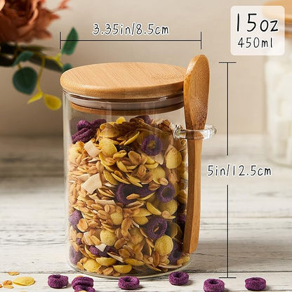 Glass Sugar Container with Spoon - 2 Pack 15oz Glass Jars with Bamboo Lid and Spoon, Bamboo Lid Storage Jar Canister for Coffee Beans, Spice, Brown Sugar, Tea, Flour, Nuts, Candy, Salts and More - Image 2