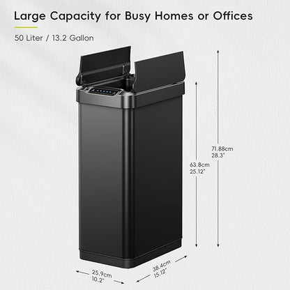 EKO Phantom-T 13.2 Gallon/ 50L Automatic Sensor Kitchen Trash Can, Slim Stainless Steel Touchless Garbage Bin with Soft-Close Dual Wing Lid for Home & Office, Matte Black - Image 2