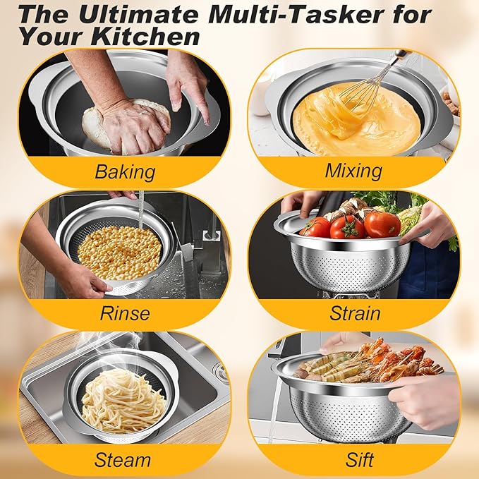 Stainless Steel Colander, 3Pcs Strainer for Kitchen Food with Handle Kitchen Gadget Food Strainer Basket for Washing Vegetables, Fruits, Rice, and Pasta, (2+2QT Colander + 3QT Mixing Bowl) - Image 4