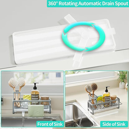 HapiRm Sponge Holder for Kitchen Sink - Self-draining Sink Caddy with Brush and Dishcloth Holders, Stainless Steel Kitchen Organizer for Countertop - Grey - Image 2