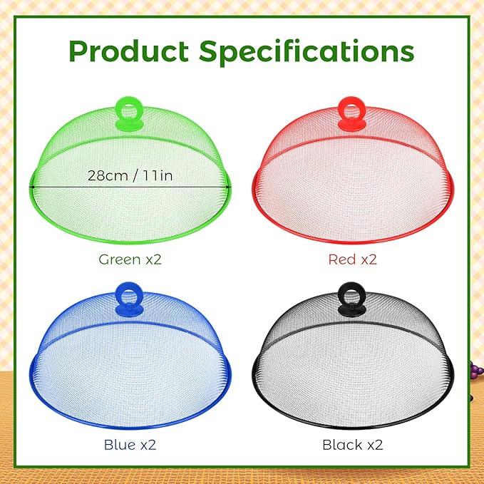 Foaincore 8 Pcs Metal Mesh Food Covers Tent Umbrella 11 Inch Outside Mesh Food Net Tents Dome Screen Plate Covers for Outdoor Picnic Camping Keep out Flies Bugs Mosquitoes(Red, Green, Blue, Black)