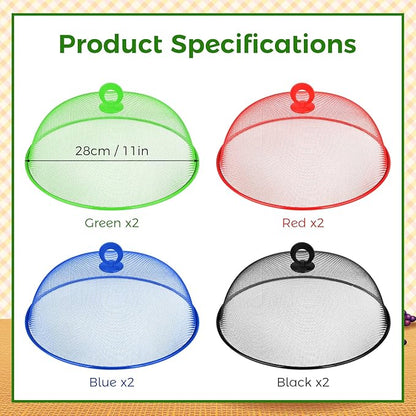Foaincore 8 Pcs Metal Mesh Food Covers Tent Umbrella 11 Inch Outside Mesh Food Net Tents Dome Screen Plate Covers for Outdoor Picnic Camping Keep out Flies Bugs Mosquitoes(Red, Green, Blue, Black)