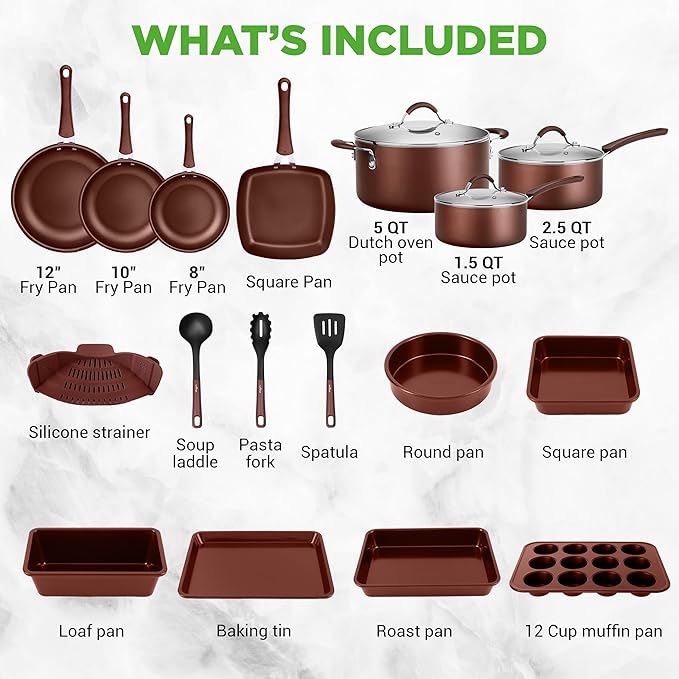 NutriChef 20 Piece Professional Home Kitchen Cookware and Bakeware, Pots and Pans Set Non Stick Kitchenware, Cool-Touch Handles, Safe for Gas, Electric, Induction Cooktops, Easy Clean, Brown - Image 6