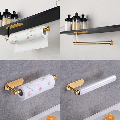 Paper Towel Holder with 2 Hooks-Under Cabinet Paper Towel Holder for Kitchen, Self-Adhesive or Screws, Space Saving Wall Mounted Kitchen Roll Holder, Bathroom, Stainless Steel Brushed Gold