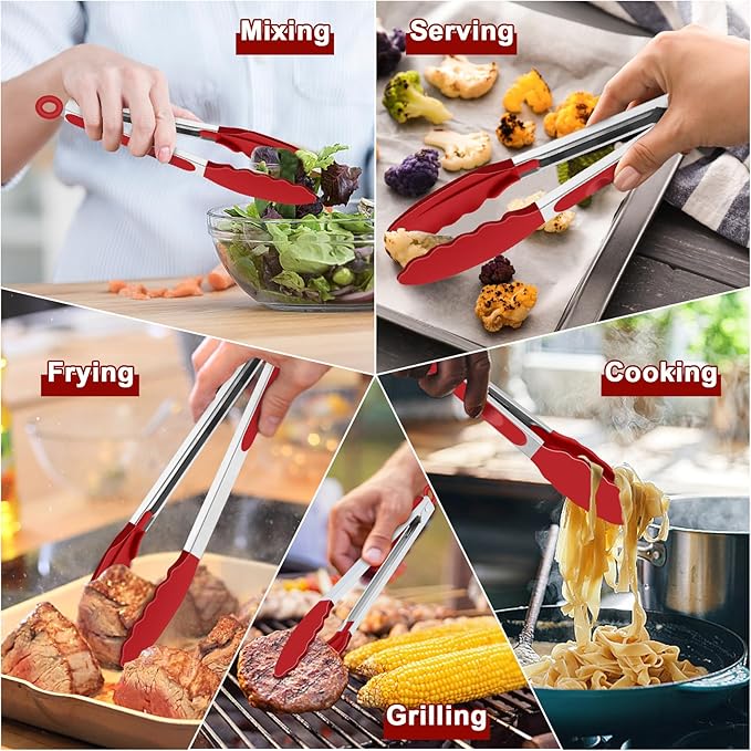 TeamFar Kitchen Tongs, 9" and 12" Stainless Steel Cooking Tongs with Silicone Tips for Cooking Grilling Serving & BBQ, Heat Resistant Silicone Tongs, Locking Design & Dishwasher Safe, Set of 2 & Red - Image 7