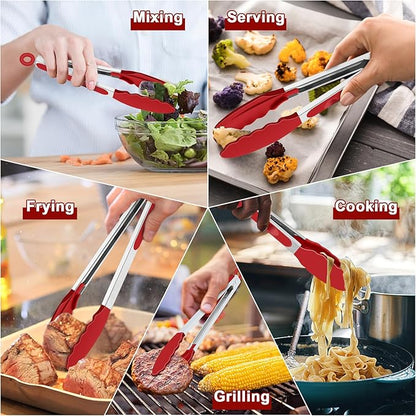 TeamFar Kitchen Tongs, 9" and 12" Stainless Steel Cooking Tongs with Silicone Tips for Cooking Grilling Serving & BBQ, Heat Resistant Silicone Tongs, Locking Design & Dishwasher Safe, Set of 2 & Red - Image 7