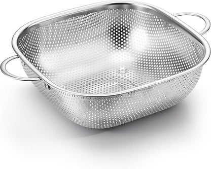 E-far 4QT Square Stainless Steel Colander - Metal Strainer with Handle for Draining Pasta & Vegetables, Micro-Perforated & Elevated Feet, Dishwasher Safe by E-far
