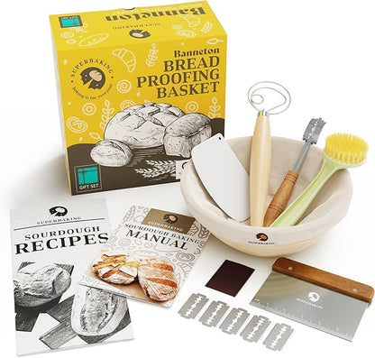 Superbaking 9' Round Banneton Bread Proofing Basket Gift Set– Sourdough Starter Kit for Crusty Artisan Style Loaves, Includes Essential Bread Baking Supplies & Tools - Ideal Gift for Bakers by Superbaking