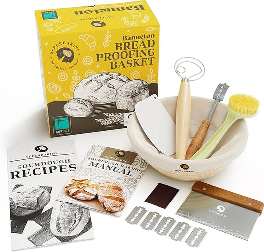 Superbaking 9' Round Banneton Bread Proofing Basket Gift Set– Sourdough Starter Kit for Crusty Artisan Style Loaves, Includes Essential Bread Baking Supplies & Tools - Ideal Gift for Bakers by Superbaking