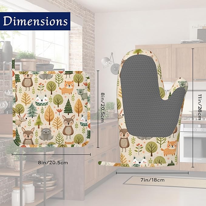 Cute Animals Oven Mitts and Pot Holders Fall Trees Leaves Silicone Kitchen Accessories Set of 4 Heat Resistant Non-Slip Long Gloves Potholder for Chef Cooking Baking Gifts Women Men