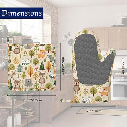 Cute Animals Oven Mitts and Pot Holders Fall Trees Leaves Silicone Kitchen Accessories Set of 4 Heat Resistant Non-Slip Long Gloves Potholder for Chef Cooking Baking Gifts Women Men