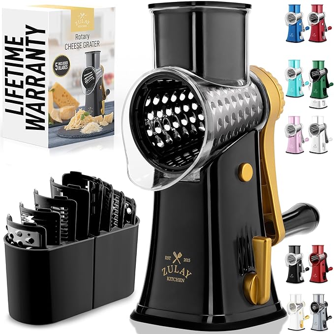 Zulay Kitchen Rotary Cheese Grater 5 Blade Cheese Shredder - Manual Hand Crank Cheese Grater With Reinforced Suction & 5 Interchangeable Drums - Easy to Use, Vegetable Chopper Round Mandoline Slicer by ZulayKitchen