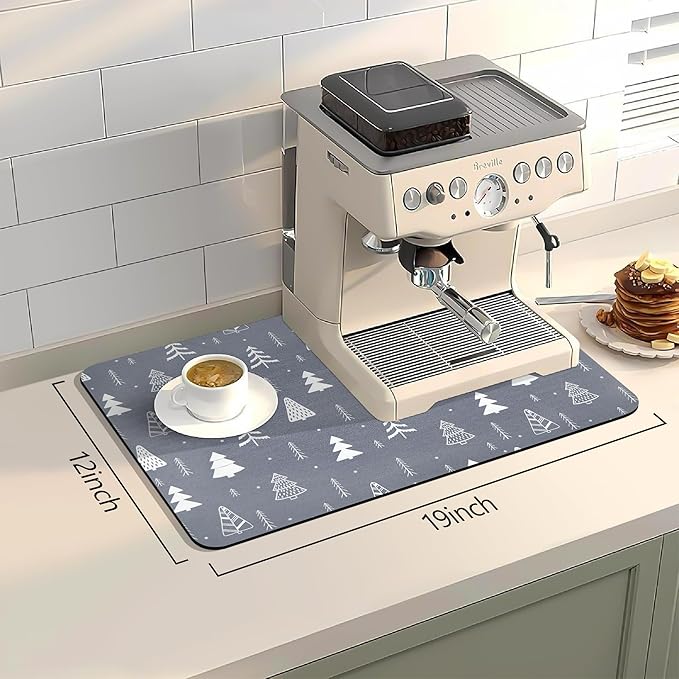 Bloss Coffee Mat, Christmas 12"x19" Bar Mat with Waterproof Rubber Backing, Fit Under Coffee Maker Machine/Kitchen Counter/Dish Drying Mat-Grey and Pine - Image 2