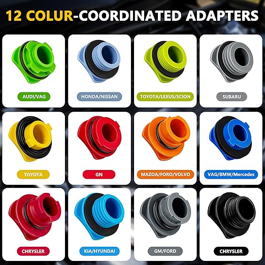 18 Pack No Spill Engine Oil Funnel Kit，1.59QT/1.5L Automotive Oil Funnel Set， 2 Magnetic Adapter Organizer Boards 12 Adapters Compatible with GM, Ford, BMW, Audi, Land Rover Etc