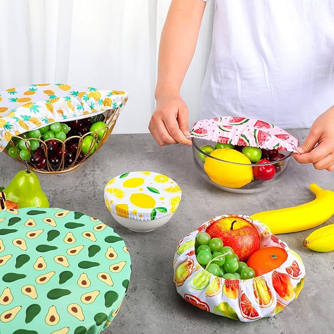 Patelai 10 Pcs Bowl Covers Reusable in 5 Size Stretch Cloth Fabric Elastic Food Storage Bowl Covers Bread Sourdough Lids for Proofing Food Fruits Leftover (Bright,Summer Style) - Image 7