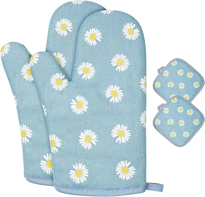 AUAUY Oven Mitts and Pot Holders, 392°F Heat Resistant Cooking Gloves and Hot Pads, Baking Mittens Grilling Gloves BBQ Gloves. Non-Slip Kitchen Mittens Home Essentials for Oven Cooking Baking Grilling by AUAUY