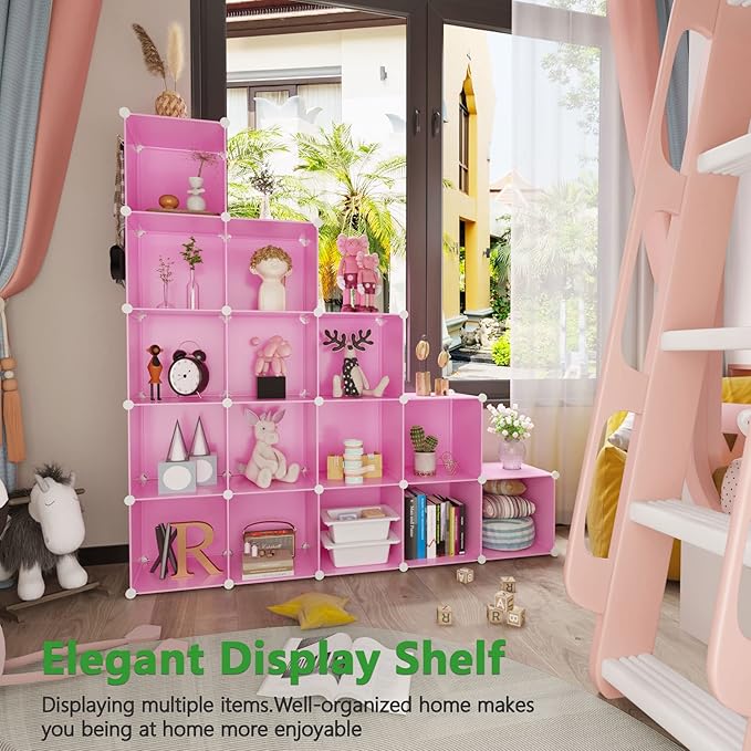 C&AHOME Cube Storage Organizer, 16-Cube Shelves Units, Plastic Storage Cubes, DIY Closet Organizer, Modular Closet Storage Shelves Ideal for Home, Bedroom, 48.4" L × 12.4" W × 48.4" H Pink UPCS16P - Image 8