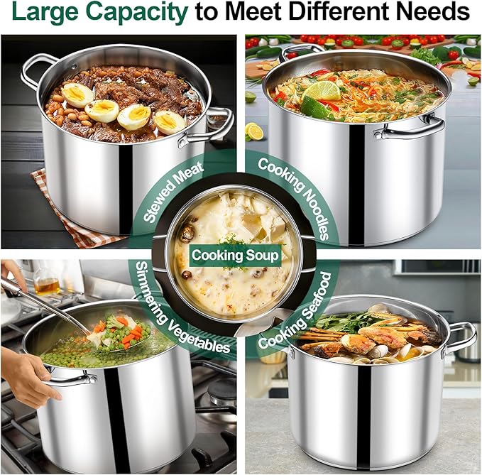P&P CHEF 20 QT Stock Pot with Lid, Stainless Steel Large Cooking Pot, Soup Canning Stockpot for Stewing Simmering, Tri-ply Bottom for All Stoves, Heavy-Duty &Dishwasher Safe & Food-Grade - Image 4