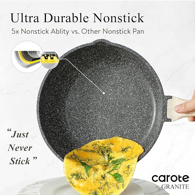 CAROTE 12 Inch Nonstick Deep Frying Pan with Lid, 5.5 Qt Jumbo Cooker Saute Pan with Pour Spout, Skillet Induction Cookware, Non Stick Cooking Pan PFOA Free, Classic Granite - Image 3