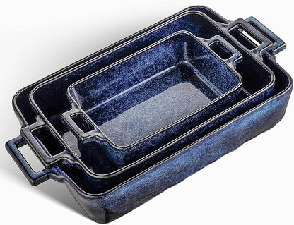 VICRAYS Ceramic Bakeware Set, Porcelain Rectangular Lasagna Pans Casserole Dish Set for Baking, Cooking, Kitchen, Cake Dinner, Banquet and Daily Use, 3 PCS, 15 x 8.5 Inches(Blue) by VicraysCeramic
