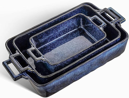 VICRAYS Ceramic Bakeware Set, Porcelain Rectangular Lasagna Pans Casserole Dish Set for Baking, Cooking, Kitchen, Cake Dinner, Banquet and Daily Use, 3 PCS, 15 x 8.5 Inches(Blue) by VicraysCeramic