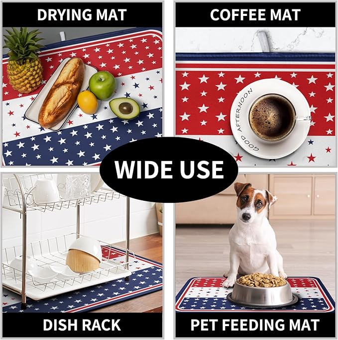 4th of July Dish Drying Mat for Kitchen Counter Patriotic Red White Blue Stars Drying Pad Microfiber Absorbent Dish Draining Mat Microfiber Independence Day Dish Drainer Rack Mats 18x24 Inch - Image 7