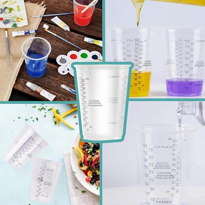 Clear Plastic Measuring Cups, 8oz Graduated Disposable and Reusable Mixing Cups for Resin, Paint, Stain, Cooking, Baking, and Crafts (50 Pack)