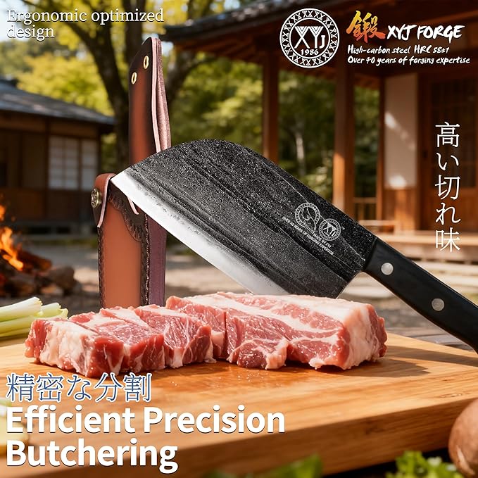 XYJ Authentic Since 1986,Outstanding Ancient Forging, 7.5 Inch Full Tang, Serbian Chefs knife,Chef Meat Cleaver,Kitchen Knives,Set with Leather Sheath,Take Carrying,Butcher