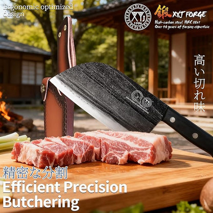 XYJ Authentic Since 1986,Outstanding Ancient Forging, 7.5 Inch Full Tang, Serbian Chefs knife,Chef Meat Cleaver,Kitchen Knives,Set with Leather Sheath,Take Carrying,Butcher