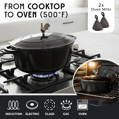 MUELLER HOME 5.5 Quart Enameled Cast Iron Oval Dutch Oven with Rooster Knob & Cotton Potholders, Heavy-Duty Cookware, Oven-Safe up to 500° F & Across All Cooktops, Gifts for Grandma & Women, Black - Image 4