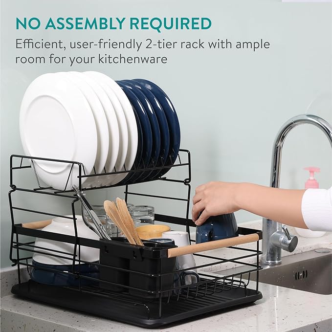 Navaris 2 Tier Dish Rack - Compact Drying Kitchen Board with Drip Tray & Cutlery Holder - Easy to Assemble and Clean Dishes - Sink Drainer Rack - Black - Image 2