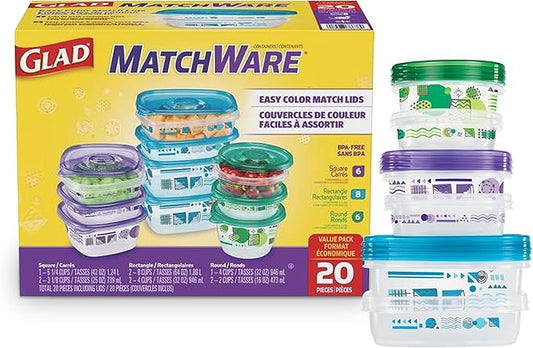 Glad GladWare MatchWare Food Storage Containers with Lids, BPA Free Reusable Plastic 20 Piece Variety Pack for Lunches, Meal Prep, and Leftovers, Leak Resistant, Microwave and Dishwasher Safe by GladTrashFoodStorage