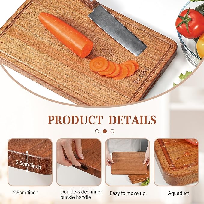 Solid Teak Wood Cutting Board One Piece Non Glued Extra Large Thick Crack Resistant Wooden Chopping Board with DeepJuice Grooves Built in Handles for Kitchen Meat Vegetable 21.7x15 IN
