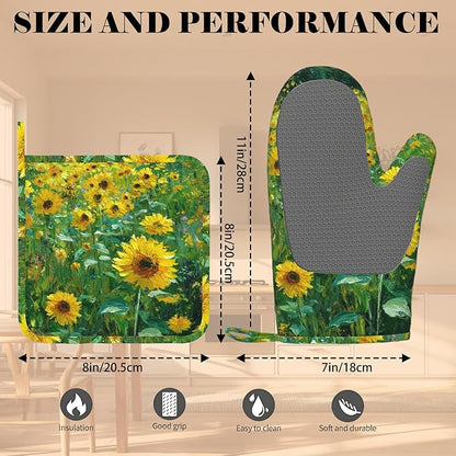 Vintage Sunflower Oven Mitts and Pot Holders Sets Flower Oil Painting Silicone Heat Resistant Kitchen Oven Gloves Pot Holder for Cooking Baking Grilling BBQ