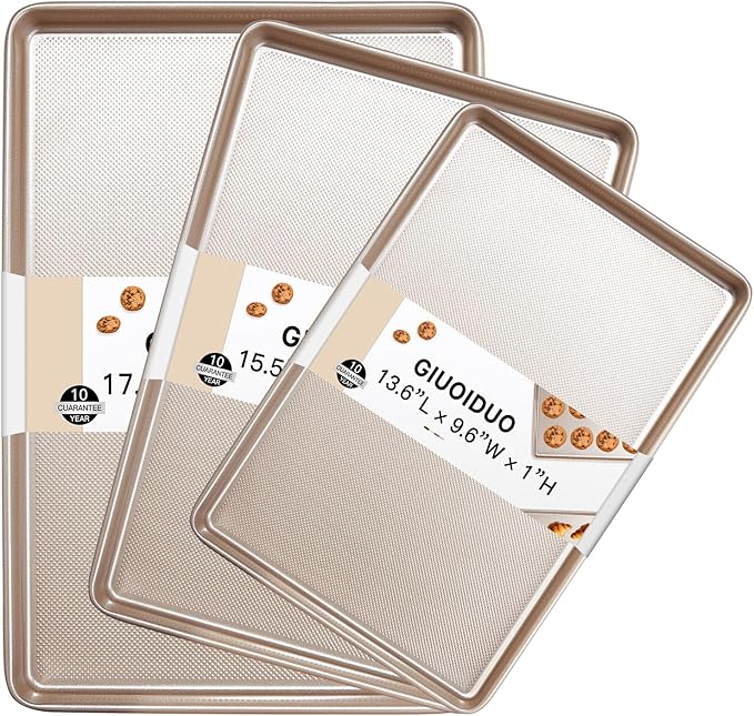Baking Sheet Set of 3, Nonstick Heavy Duty Cookie Sheets for Oven - 13.6"×9.6"/15.5"×10.6"/17.5"×11.8" Warp-Resistant Carbon Steel Bakeware Trays, Champagne Gold, Dishwasher & Oven Safe by GIUOIDUO