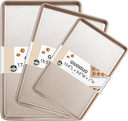 Baking Sheet Set of 3, Nonstick Heavy Duty Cookie Sheets for Oven - 13.6"×9.6"/15.5"×10.6"/17.5"×11.8" Warp-Resistant Carbon Steel Bakeware Trays, Champagne Gold, Dishwasher & Oven Safe by GIUOIDUO