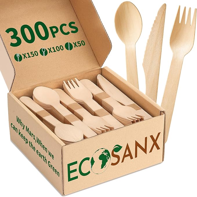 ECOSANX® 300 PCs Disposable Wooden Cutlery set 6.5" Splinter Free Compostable Utensils for party, Eco-Friendly, 100% All-Natural Bamboo Utensils set for picnic, Bamboo cutlery set for Events & More by ECOSANX