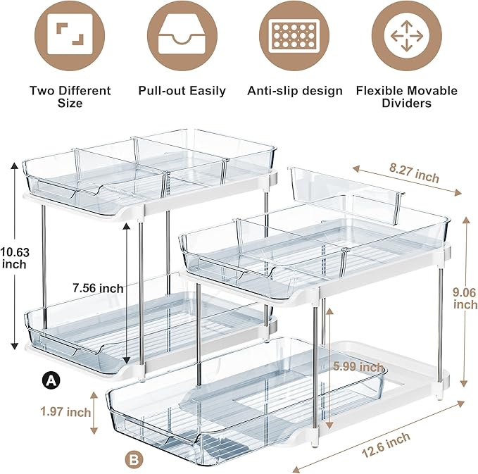 Delamu 2-Tier Multi-Purpose Bathroom Under Sink Organizers and Storage, Stackable Kitchen Pantry Organization, Pull Out Medicine Cabinet Organizer with Movable Dividers, Blue, 2 Pack - Image 2