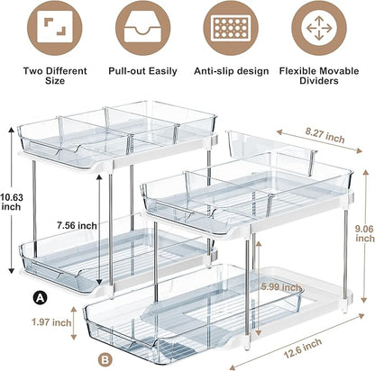 Delamu 2-Tier Multi-Purpose Bathroom Under Sink Organizers and Storage, Stackable Kitchen Pantry Organization, Pull Out Medicine Cabinet Organizer with Movable Dividers, Blue, 2 Pack - Image 2